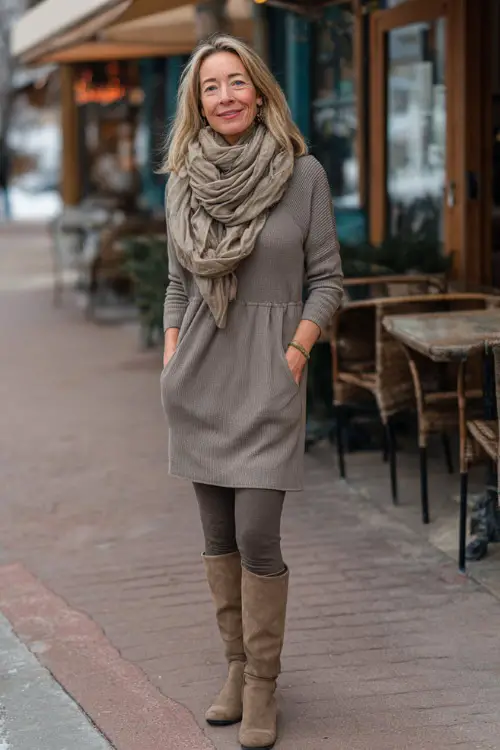 A woman over 40 wears a cozy taupe sweater dress with thick tights, knee-high flat boots, and a soft wool scarf, standing on a winter street outside a relaxed date-night café