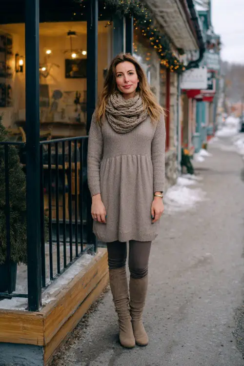 A woman over 40 wears a cozy taupe sweater dress with thick tights, knee-high flat boots, and a soft wool scarf, standing on a winter street outside a relaxed date-night café