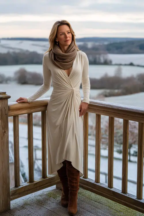 A woman over 40 wears a long cream wrap dress with a cashmere scarf, knee-high brown boots, and subtle jewelry 