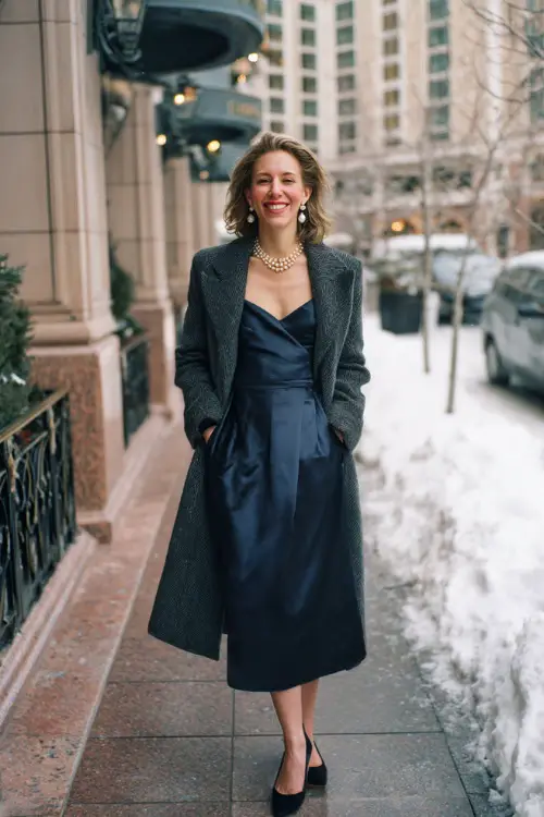 A woman over 40 wears a navy satin midi dress under a tailored charcoal coat, accented with pearl earrings and classic heels