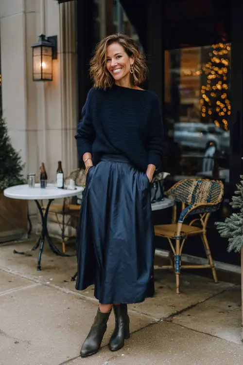 A woman over 40 wears a navy sweater tucked into a flowy satin midi skirt, styled with ankle boots and a structured wool coat, standing near a winter-lit café entrance
