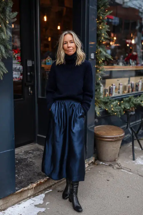 A woman over 40 wears a navy sweater tucked into a flowy satin midi skirt, styled with ankle boots and a structured wool coat, standing near a winter-lit café entrance