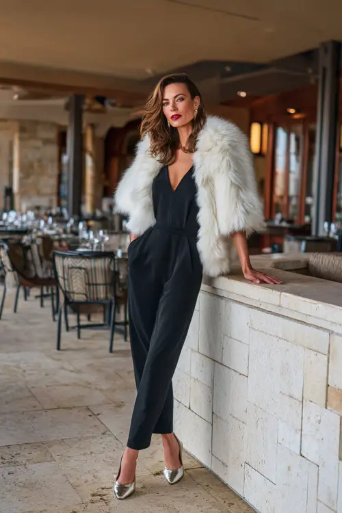 A woman over 40 wears a sleek black jumpsuit with a cinched waist, metallic heels, and a white faux-fur stole, posing beside an upscale winter dining venue