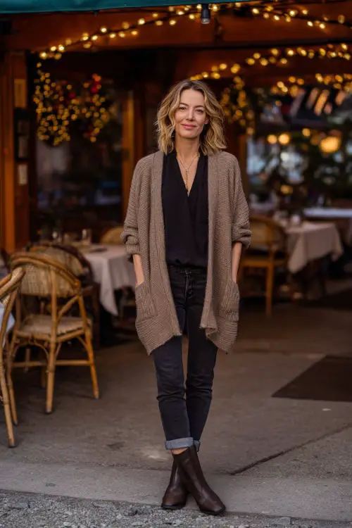 A woman over 40 wears a warm taupe cardigan with a black top, dark jeans, and polished leather boots, standing near a casual but stylish dining venue decorated for winter nights