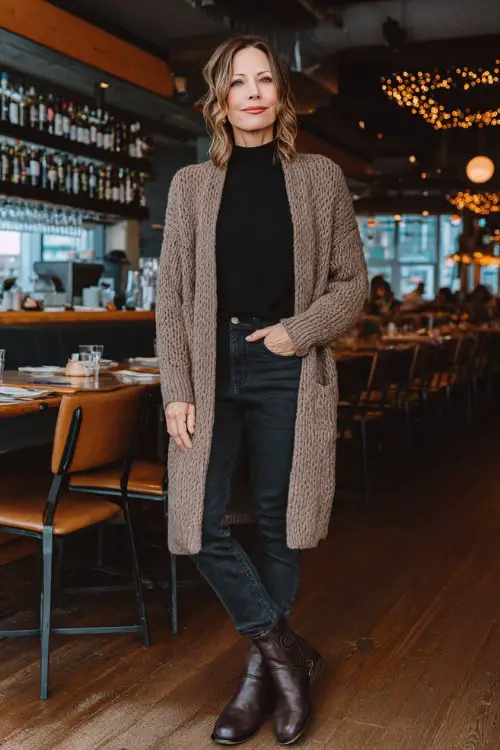 A woman over 40 wears a warm taupe cardigan with a black top, dark jeans, and polished leather boots, standing near a casual but stylish dining venue decorated for winter nights