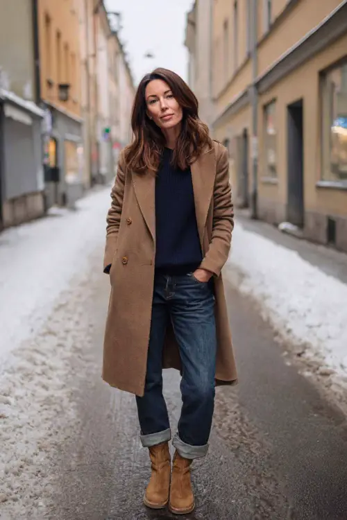A woman over 40 wears classic straight jeans with a navy cashmere crewneck, a double-breasted camel coat, and suede ankle boots
