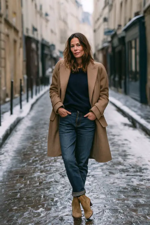 A woman over 40 wears classic straight jeans with a navy cashmere crewneck, a double-breasted camel coat, and suede ankle boots