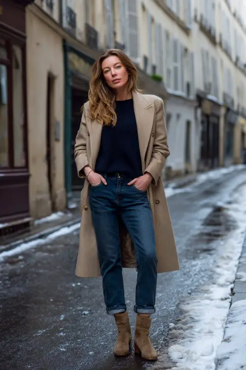 A woman over 40 wears classic straight jeans with a navy cashmere crewneck, a double-breasted camel coat, and suede ankle boots