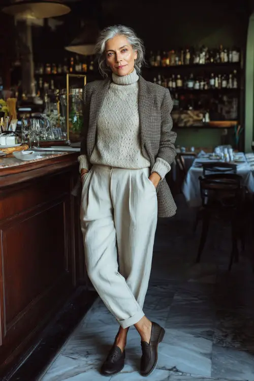 A woman over 50 dressed in a knit sweater layered under a tailored blazer and wool trousers, paired with loafers or low heels