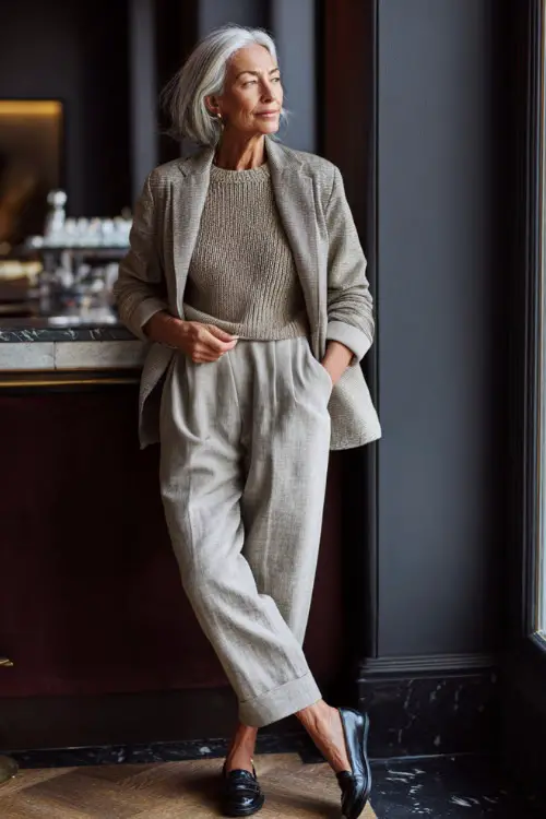A woman over 50 dressed in a knit sweater layered under a tailored blazer and wool trousers