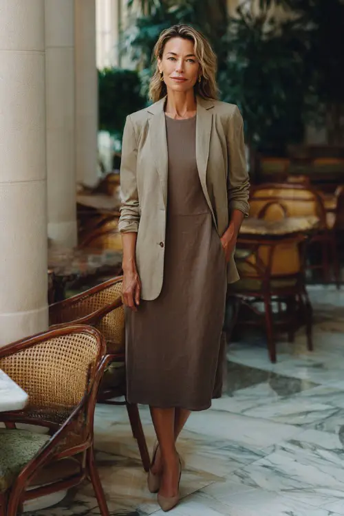 A woman over 50 dressed in a long-sleeve midi dress layered with a lightweight blazer, paired with low heels and minimal accessories