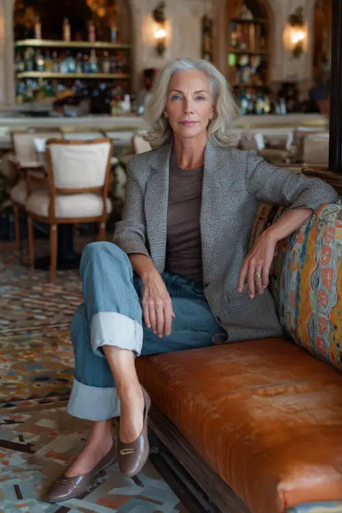 A woman over 50 dressed in straight-leg jeans with a fitted knit top and a tailored blazer, paired with comfortable flats, posing in a polished daytime brunch environment