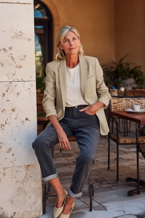 A woman over 50 dressed in straight-leg jeans with a simple tee and a tailored blazer, paired with comfortable flats, posing in a relaxed outdoor brunch setting
