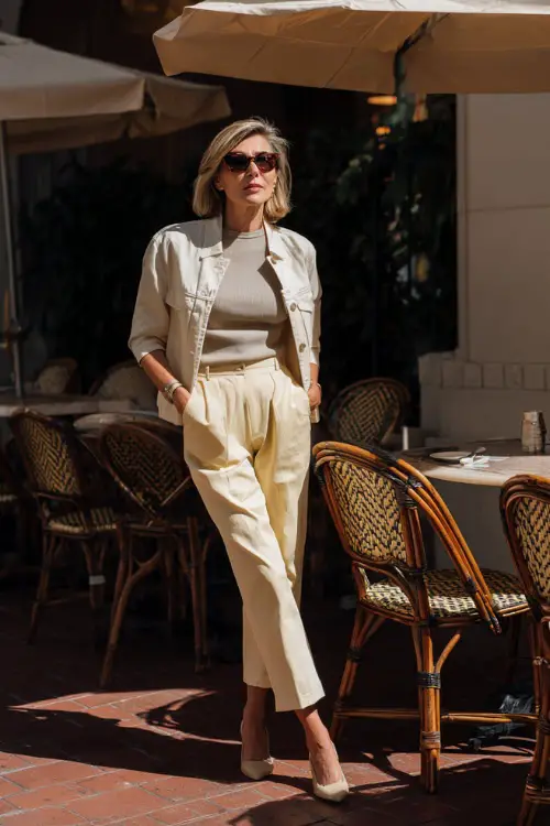 A woman over 50 dressed in straight-leg pants with a tucked-in knit top and a light jacket, paired with low block heels, posing near café tables during brunch hours