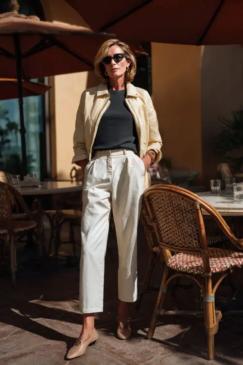 A woman over 50 dressed in straight-leg pants with a tucked-in knit top and a light jacket, paired with low block heels