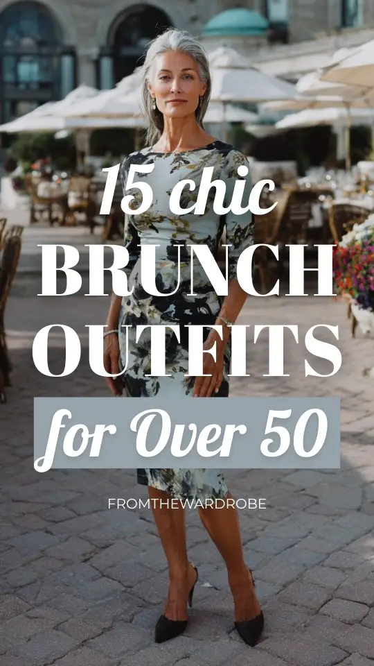 A woman over 50 in a brunch outfit with a classic midi dress with three-quarter sleeves, paired with low block heels and minimal jewelry