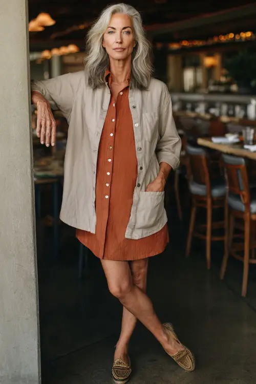 A woman over 50 in a casual shirt dress layered with a lightweight jacket and flats, posing in a laid-back brunch environment with soft natural light 
