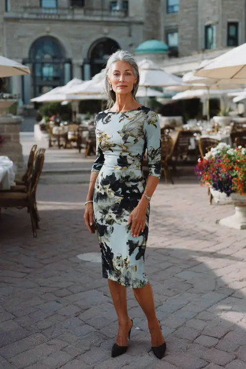 A woman over 50 in a classic midi dress with three-quarter sleeves, paired with low block heels and minimal jewelry, posing in an elegant outdoor brunch setting