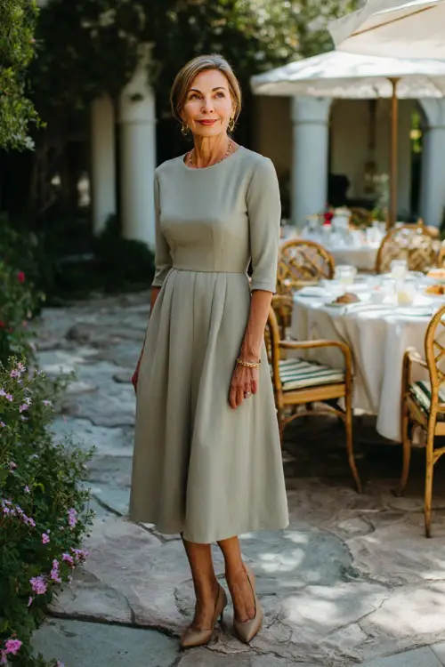 A woman over 50 in a classic midi dress with three-quarter sleeves, paired with low block heels and minimal jewelry