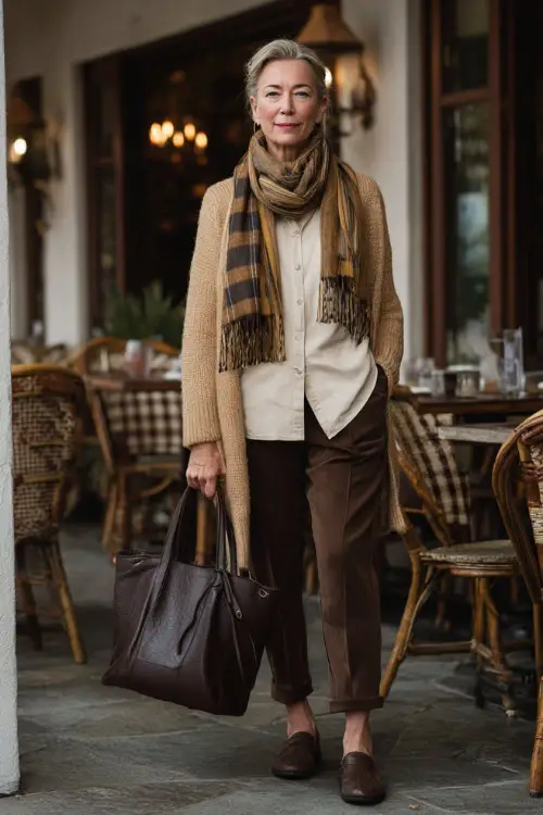 A woman over 50 in a cozy cardigan layered over a blouse and tailored pants