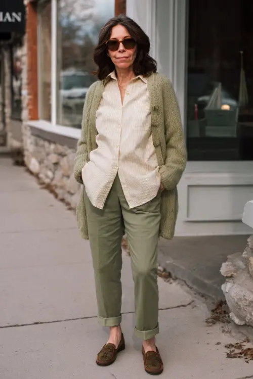 A woman over 50 in a relaxed button-down shirt layered with a lightweight cardigan, paired with tailored trousers and flat shoes 