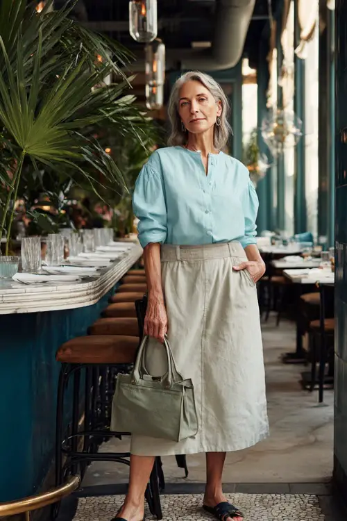 A woman over 50 in a soft blouse paired with a casual midi skirt and flat sandals, carrying a structured handbag, posing in a bright daytime brunch environment 