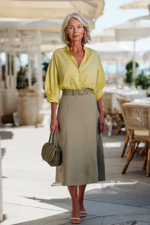 A woman over 50 in a soft blouse paired with a casual midi skirt and flat sandals, carrying a structured handbag, posing in a bright daytime brunch environment