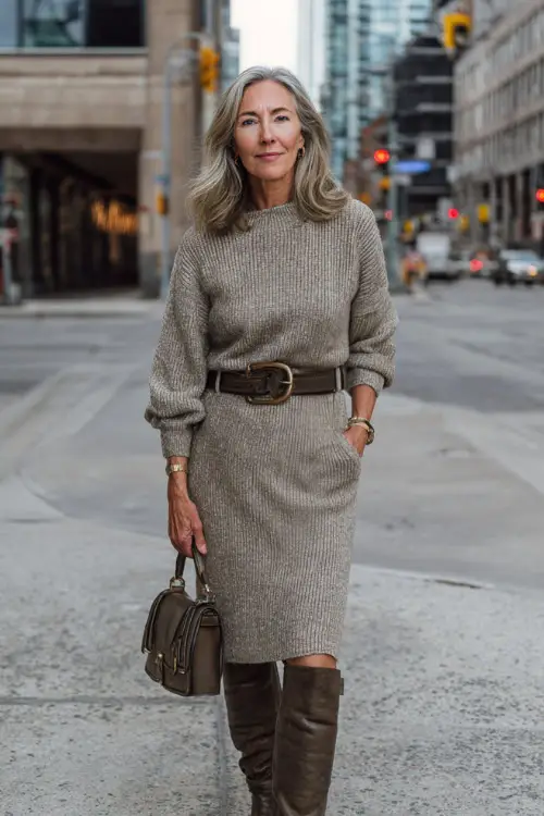 A woman over 50 in a sweater dress cinched at the waist with a belt, paired with knee-high boots and a structured handbag