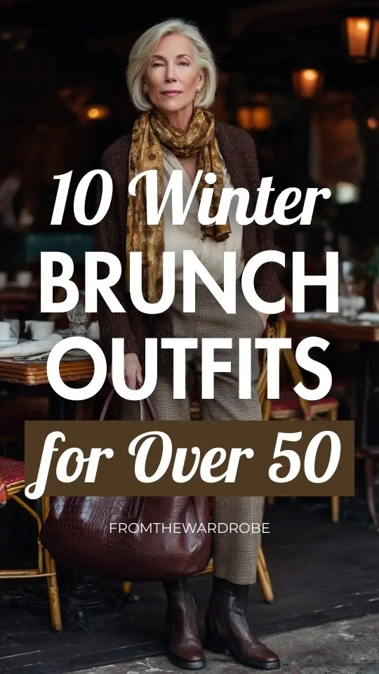 A woman over 50 in a winter brunch outfit with a cozy cardigan layered over a blouse and tailored pants