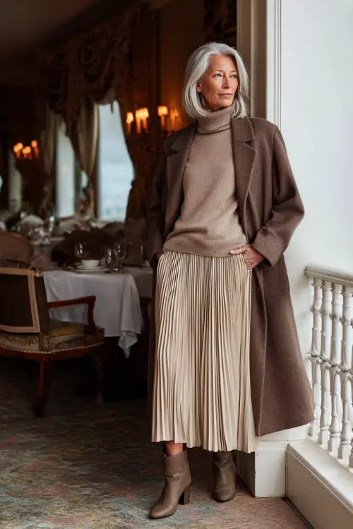 A woman over 50 wearing a cashmere sweater tucked into a pleated midi skirt