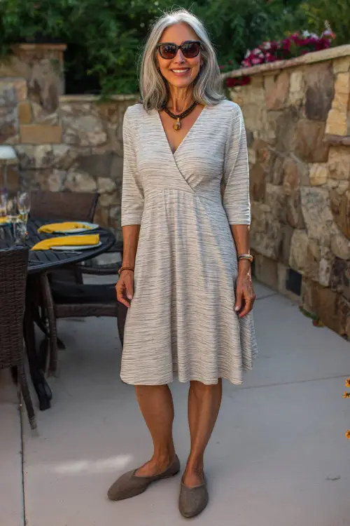 A woman over 50 wearing a casual midi dress with three-quarter sleeves, styled with comfortable flats and minimal jewelry 