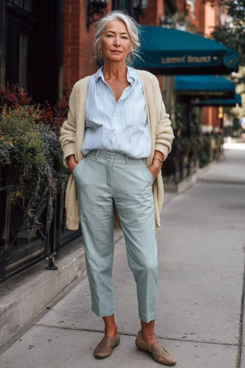 A woman over 50 wearing a crisp button-down shirt layered with a lightweight cardigan, styled with tailored ankle-length pants and flats