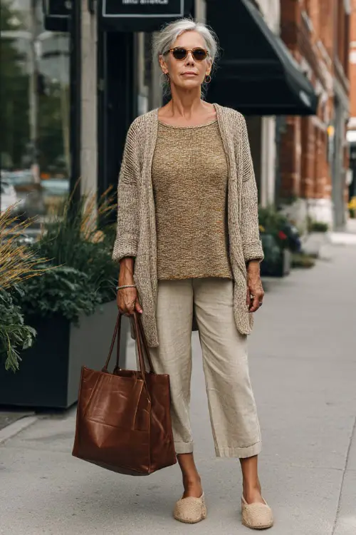 A woman over 50 wearing a knit top styled with ankle-length pants and a casual jacket, carrying a leather tote
