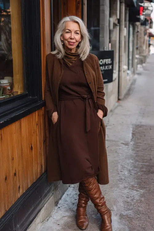 A woman over 50 wearing a long-sleeve midi dress styled with knee-high boots and a structured coat