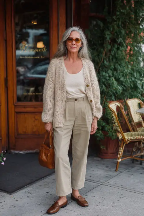 A woman over 50 wearing a relaxed cardigan layered over a simple top and straight-leg pants, styled with loafers and a leather shoulder bag