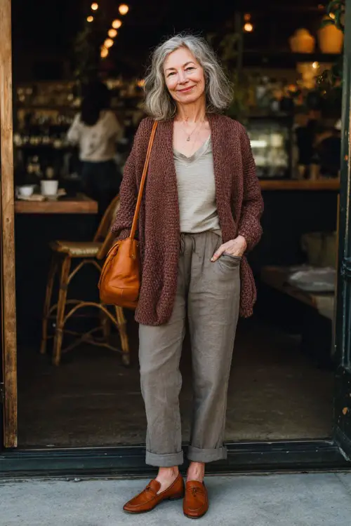A woman over 50 wearing a relaxed cardigan layered over a simple top and straight-leg pants, styled with loafers and a leather shoulder bag