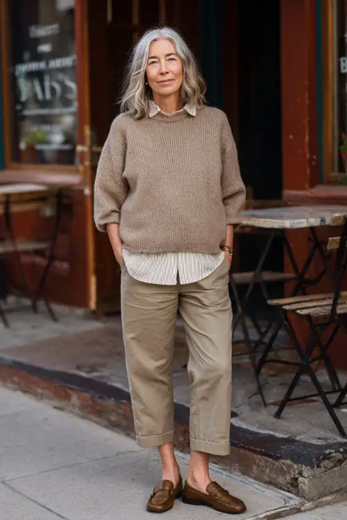 A woman over 50 wearing a relaxed sweater layered over a collared shirt, paired with ankle-length trousers and loafers, standing outside a neighborhood brunch café