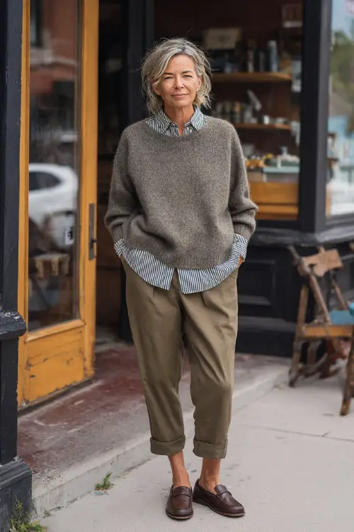 A woman over 50 wearing a relaxed sweater layered over a collared shirt, paired with ankle-length trousers and loafers