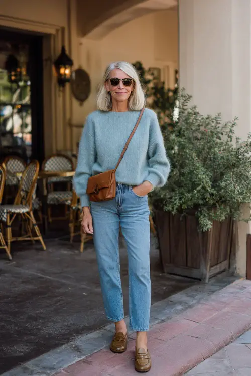 A woman over 50 wearing a soft knit sweater tucked into straight-leg jeans, styled with loafers and a leather shoulder bag