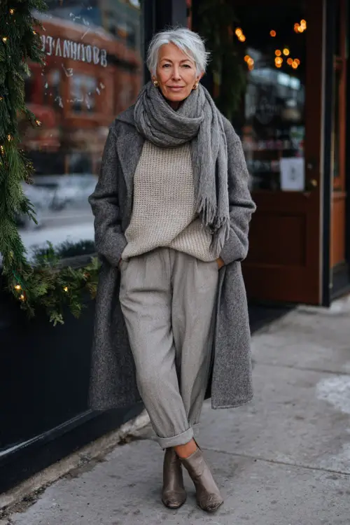 A woman over 50 wearing a soft knit sweater tucked into tailored trousers