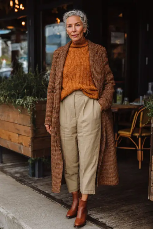 A woman over 50 wearing a soft knit sweater tucked into tailored trousers