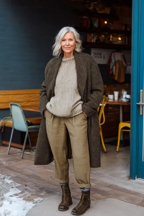 A woman over 50 wearing a soft knit sweater tucked into tailored trousers