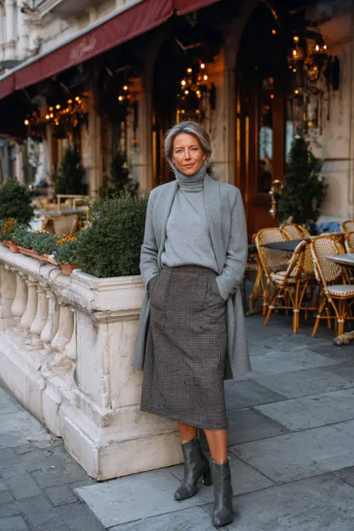 A woman over 50 wearing a turtleneck sweater tucked into a midi skirt