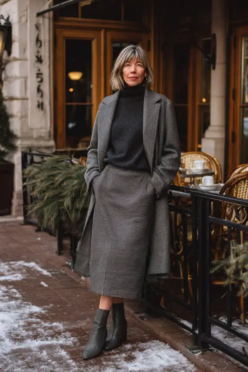 A woman over 50 wearing a turtleneck sweater tucked into a midi skirt