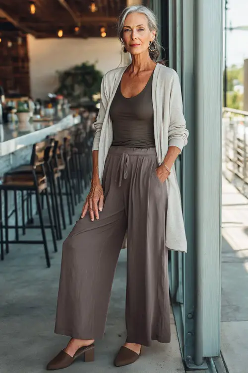 A woman over 50 wearing wide-leg pants with a fitted top and a lightweight cardigan, styled with slip-on flats, standing near a modern brunch café