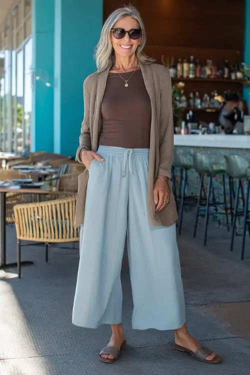 A woman over 50 wearing wide-leg pants with a fitted top and a lightweight cardigan, styled with slip-on flats, standing near a modern brunch café
