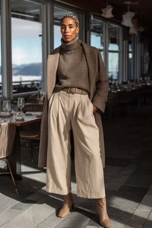 A woman over 50 wearing wide-leg trousers paired with a fitted knit sweater and a belted coat