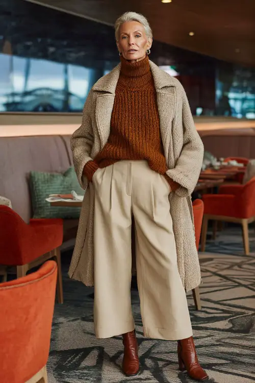 A woman over 50 wearing wide-leg trousers paired with a fitted knit sweater and a belted coat