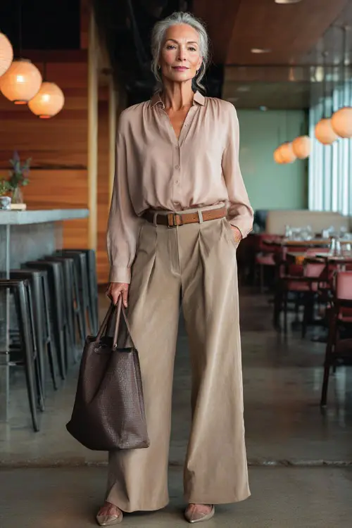 A woman over 50 wearing wide-leg trousers paired with a soft blouse and low heels, carrying a structured tote, standing in a modern brunch café setting
