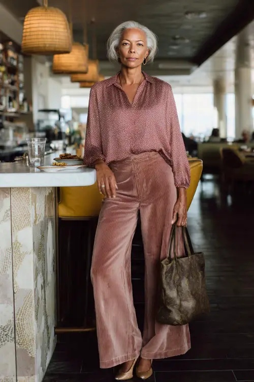 A woman over 50 wearing wide-leg trousers paired with a soft blouse and low heels, carrying a structured tote, standing in a modern brunch café setting